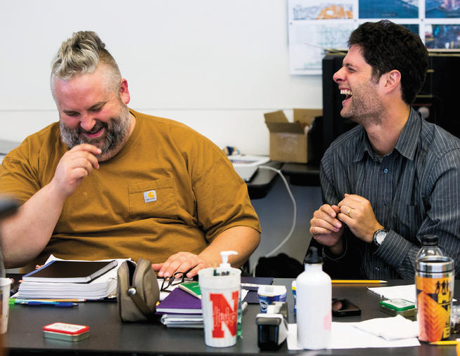 Brian Yorkey ’93 (left) and Tom Kitt ’96, who won Pulitzer and Tony Awards for Next to Normal, share a laugh as they prepare their latest show, If/Then, for Broadway.PHOTO: MATTHEW MURPHY